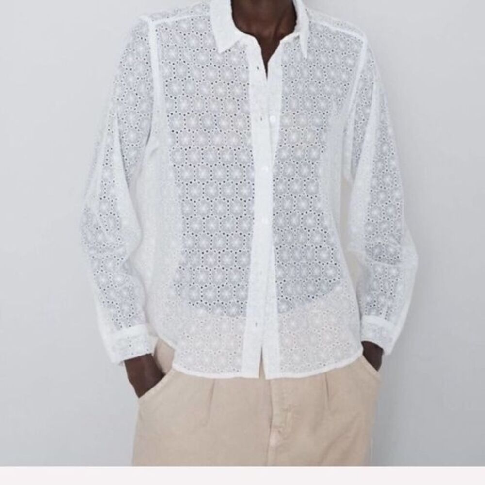 Zara NWT OPENWORK EMBROIDERY button down shirt M